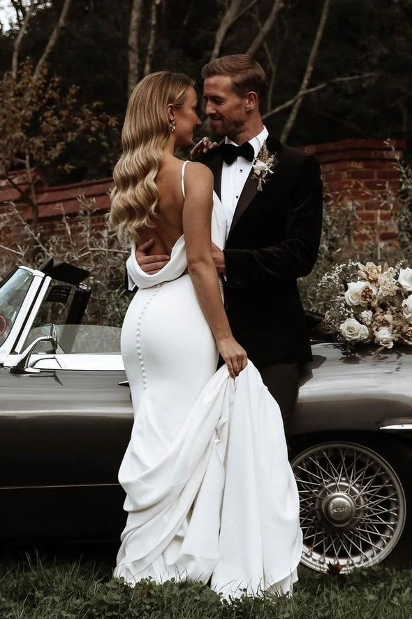 Mermaid Backless Simple Modest Long Wedding Gown