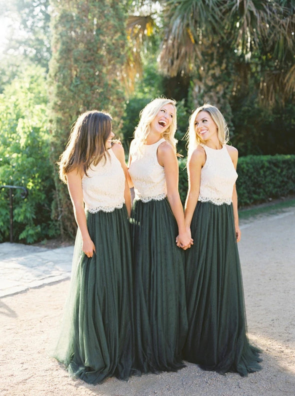 Ivory Lace And Dark Green Tulle A Line Long Bridesmaid Dress