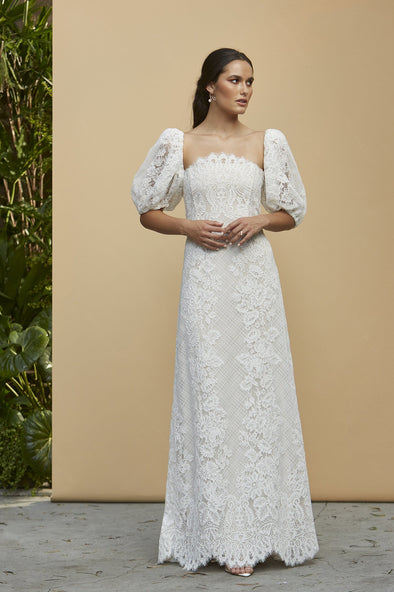 Bold Corded Lace Wedding Dress With Detachable Sleeves Zipper Back DW670