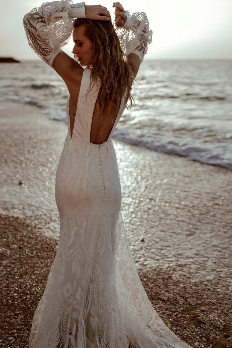 Bohemian Open Back Detachable Sleeve Mermaid Lace Wedding Dress TANYA BRIDAL Bohemian Open Back Detachable Sleeve Mermaid Lace Wedding Dress TANYA BRIDAL