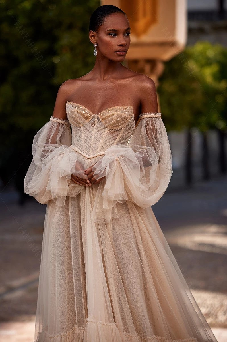 A-line Tulle Wedding Dress With Detachable Off The Shoulder Long