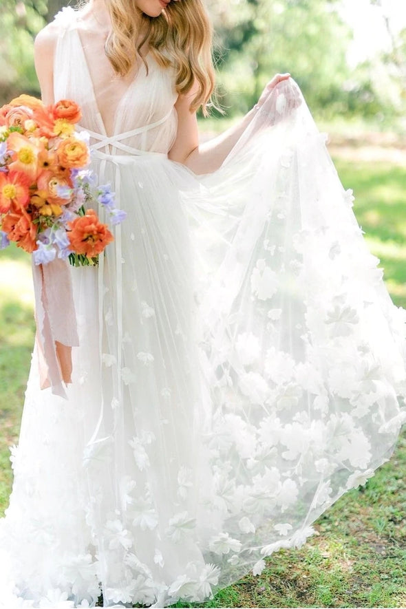 Elegant A Line V Neck Tulle Flower Fairy Wedding Dress