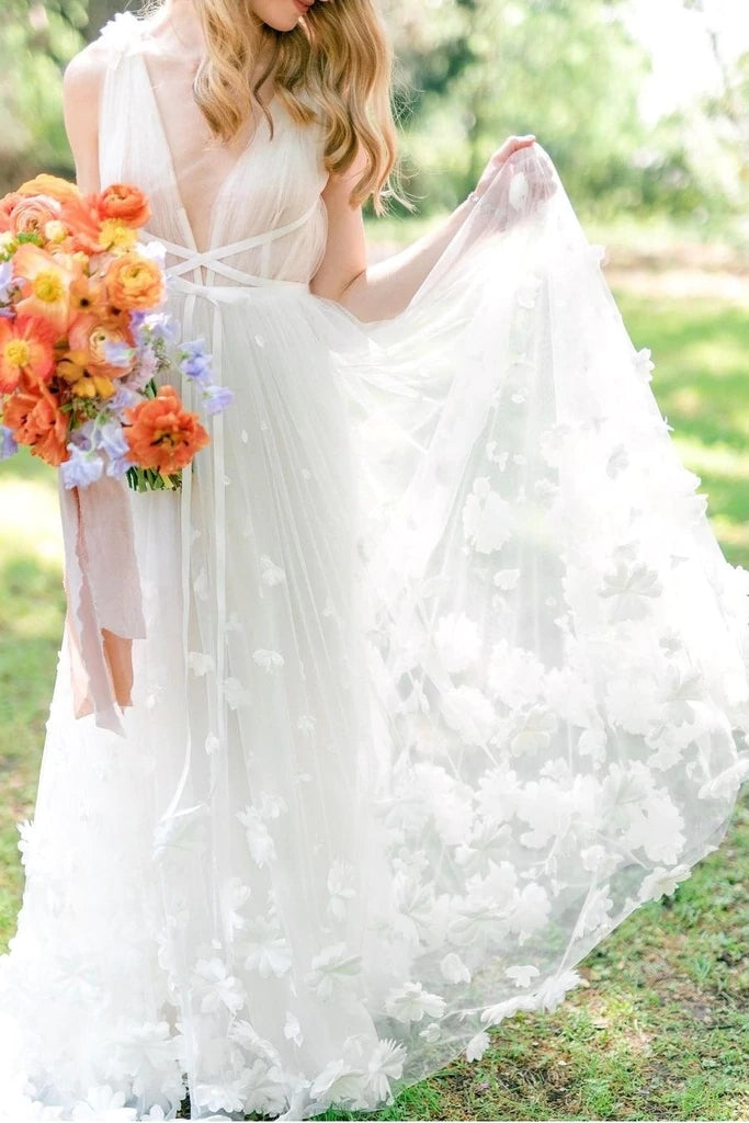 Elegant A Line V Neck Tulle Flower Fairy Wedding Dress TANYA BRIDAL Elegant A Line V Neck Tulle Flower Fairy Wedding Dress TANYA BRIDAL