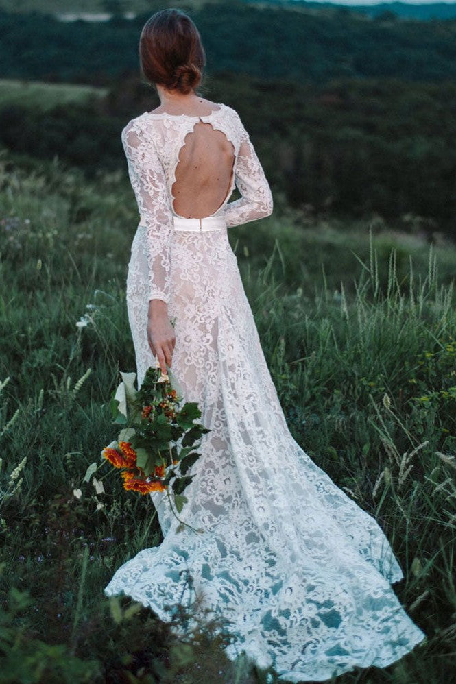 Ivory Lace Nude Lining Sheath V Neck Open Back Wedding Dress Long Sleeves - Ivory Lace Nude Lining Sheath V Neck Open Back Wedding Dress Long Sleeves -
