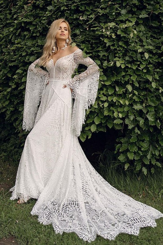 Bohemian Long Flare Sleeves V Neck A Line Foral Lace Wedding Dress SPF078 Bohemian Long Flare Sleeves V Neck A Line Foral Lace Wedding Dress SPF078