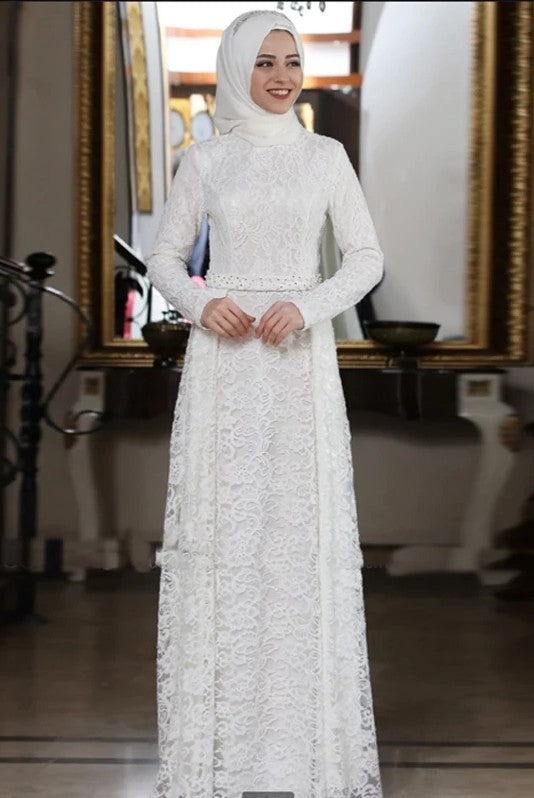 Classic Romantic A Line Lace Wedding Dress With Hijab Classic Romantic A Line Lace Wedding Dress With Hijab