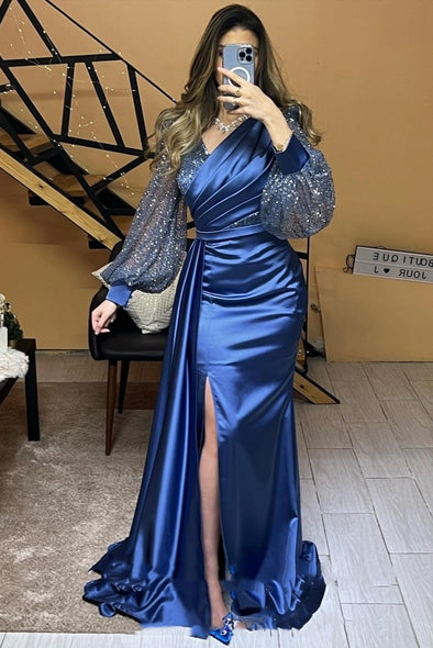 Long Sleeve Mermaid Satin Arab Navy Evening Dresses