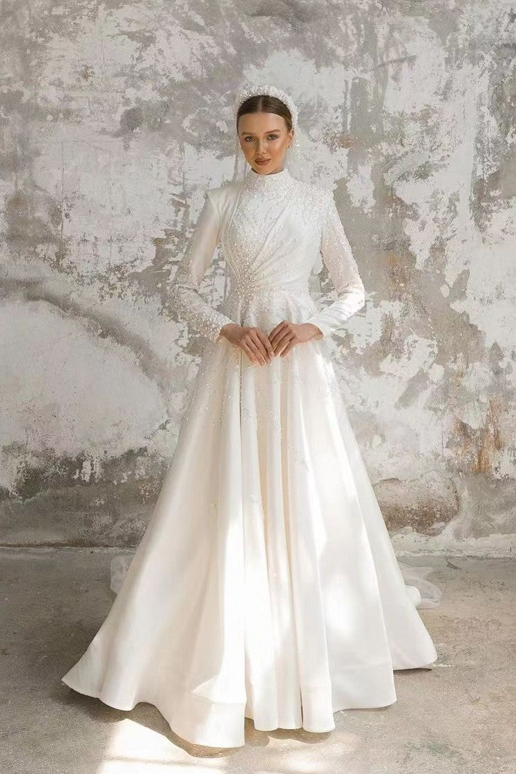 arabic luxury wedding dresses Luxury A-Line V Neck Arabian Glitter Champagne Wedding Dress Long Slee Elsi John