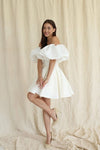 Short Puffy Sleeves Lace Up Back Satin Mini Wedding Gown