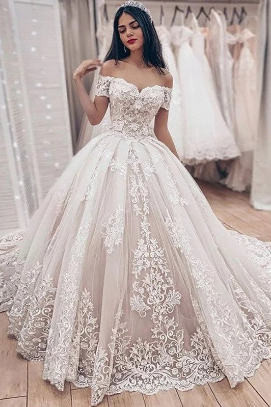 Ball Gown Lace Chic Appliques Off The Shoulder Wedding Bride Dress