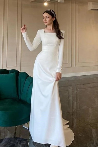 Simple Sheath Long Sleeves Wedding Dress Soft Satin