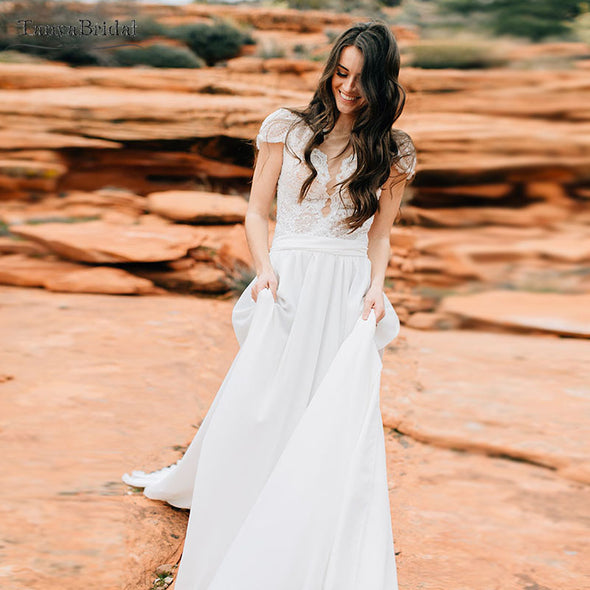 Cape Sleeve Wedding Dresses Deep V-Neck Sleek Summer Fall Bridal Wedding Gown
