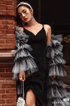 Black and Grey Layered Tulle and Feather luxury Cape Wedding Long Jacket ZJ049