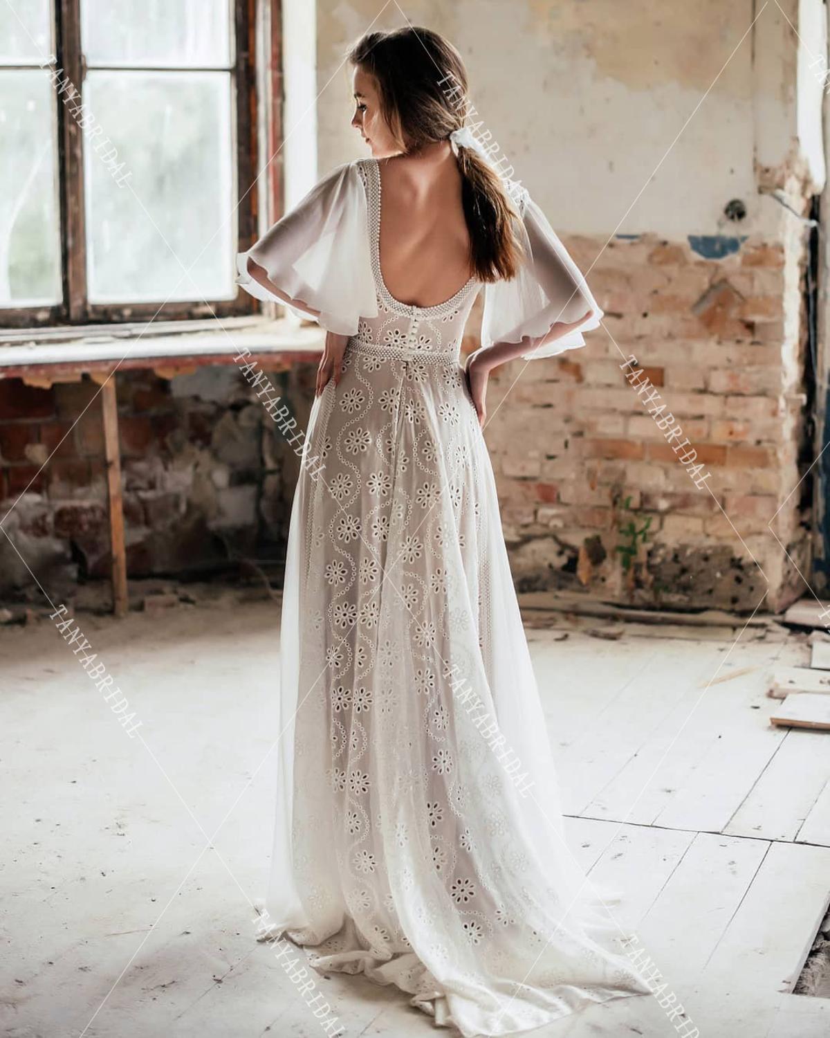 Short Flare Sleeve Wedding Dresses V-Neck Bohemian Bridal Gowns DW416 TANYA BRIDAL Short Flare Sleeve Wedding Dresses V-Neck Bohemian Bridal Gowns DW416 TANYA BRIDAL