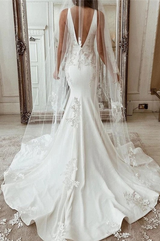 Mermaid Deep V Neck Wedding Dress Court Train With Lace Appliques