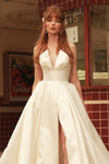 V-Neck A Line Princess Wedding Dresses Side Slit  ZW841