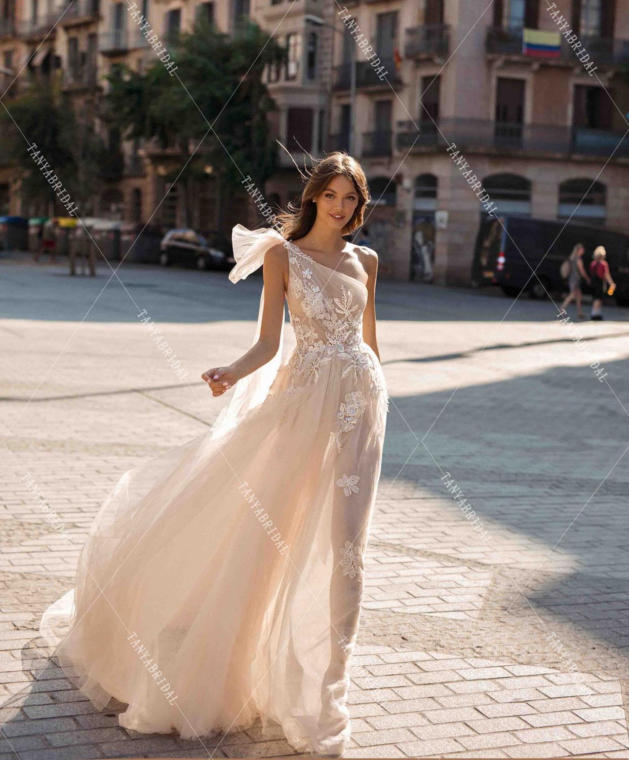 Luxury Champagne One Shoulder Sexy Boho Bridal Gowns DW420 - Luxury Champagne One Shoulder Sexy Boho Bridal Gowns DW420 -