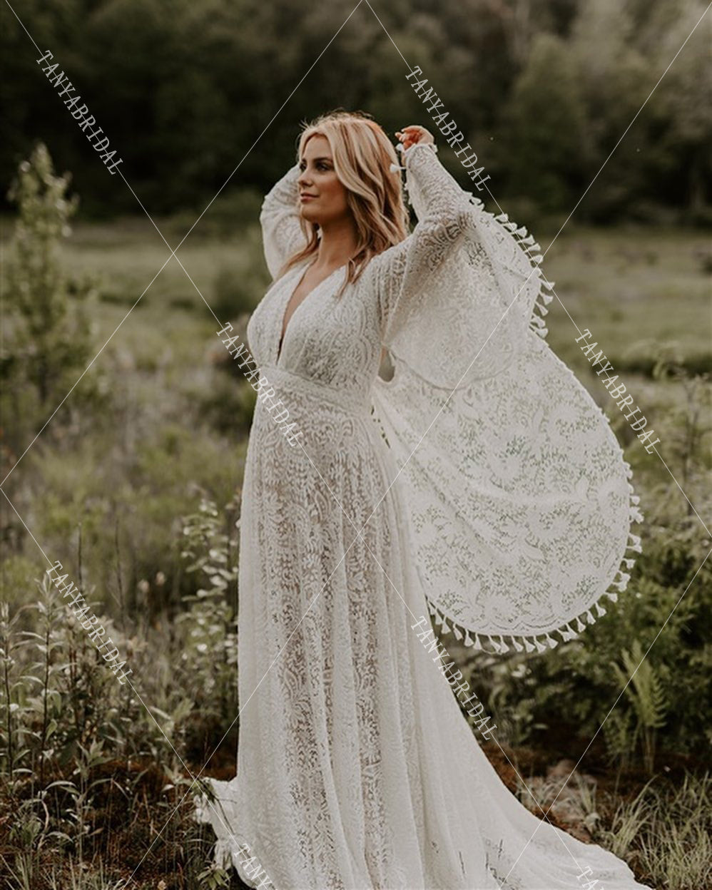 Flare Sleeve High Wasit Pregnant Tassel Lace Wedding Dresses Noivas ZW TANYA BRIDAL Flare Sleeve High Wasit Pregnant Tassel Lace Wedding Dresses Noivas ZW TANYA BRIDAL