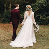 Long Bohemian Wedding Dresses Illusion Sleeves V Neck Back 05261422