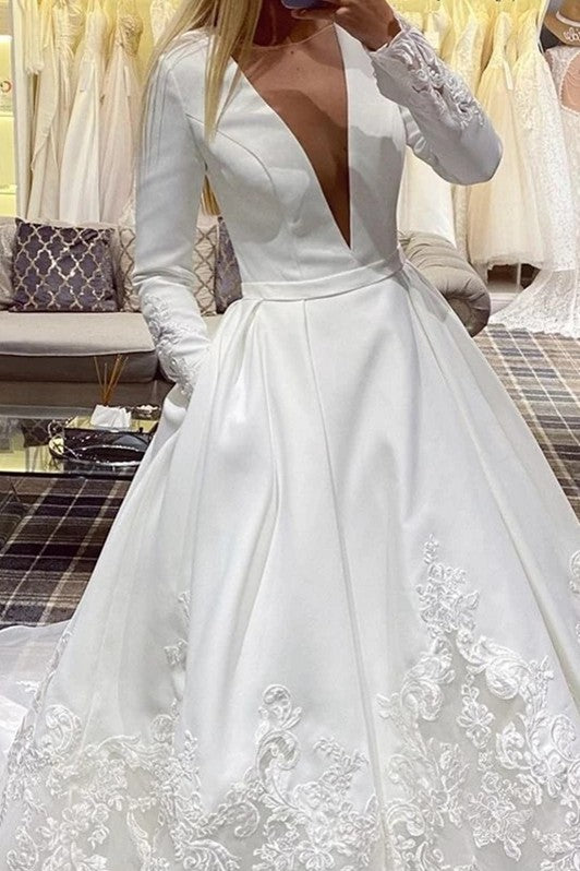 Illusion V Neck A Line Wedding Dress With Pocket
