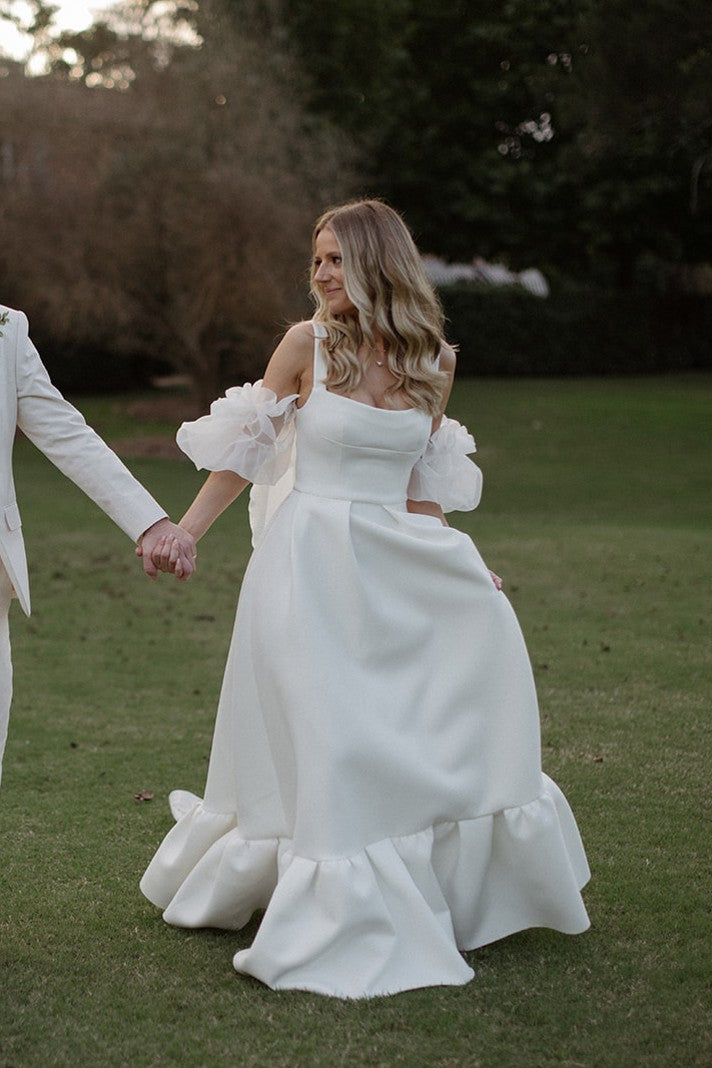 Simple Satin Long A Line Wedding Dresses With Organza Sashes TANYA BRIDAL Simple Satin Long A Line Wedding Dresses With Organza Sashes TANYA BRIDAL