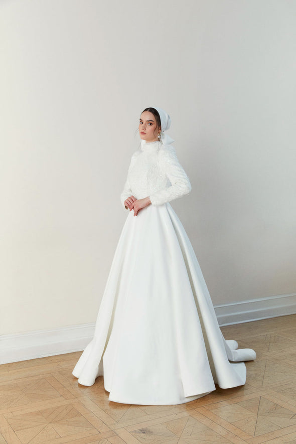 Lace Muslim Wedding Dresses A Line Satin Bridal Gown