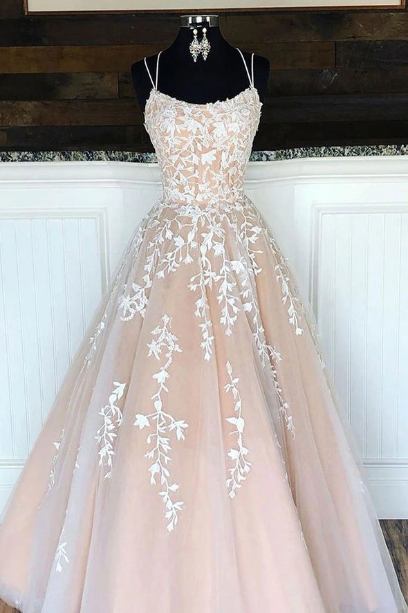 A Line Lace Appliques Champagne Prom Dresses Long