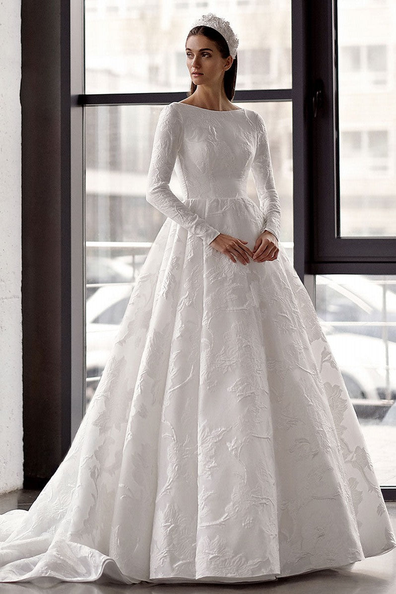 Vintage Jacquard Satin A Line Royal Wedding Bridal Gown Long Sleeves –  TANYA BRIDAL