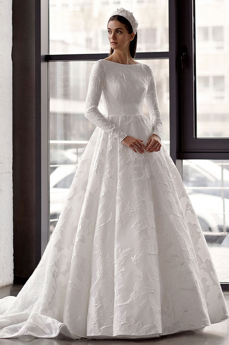 Vintage Jacquard Satin A Line Royal Wedding Bridal Gown Long Sleeves