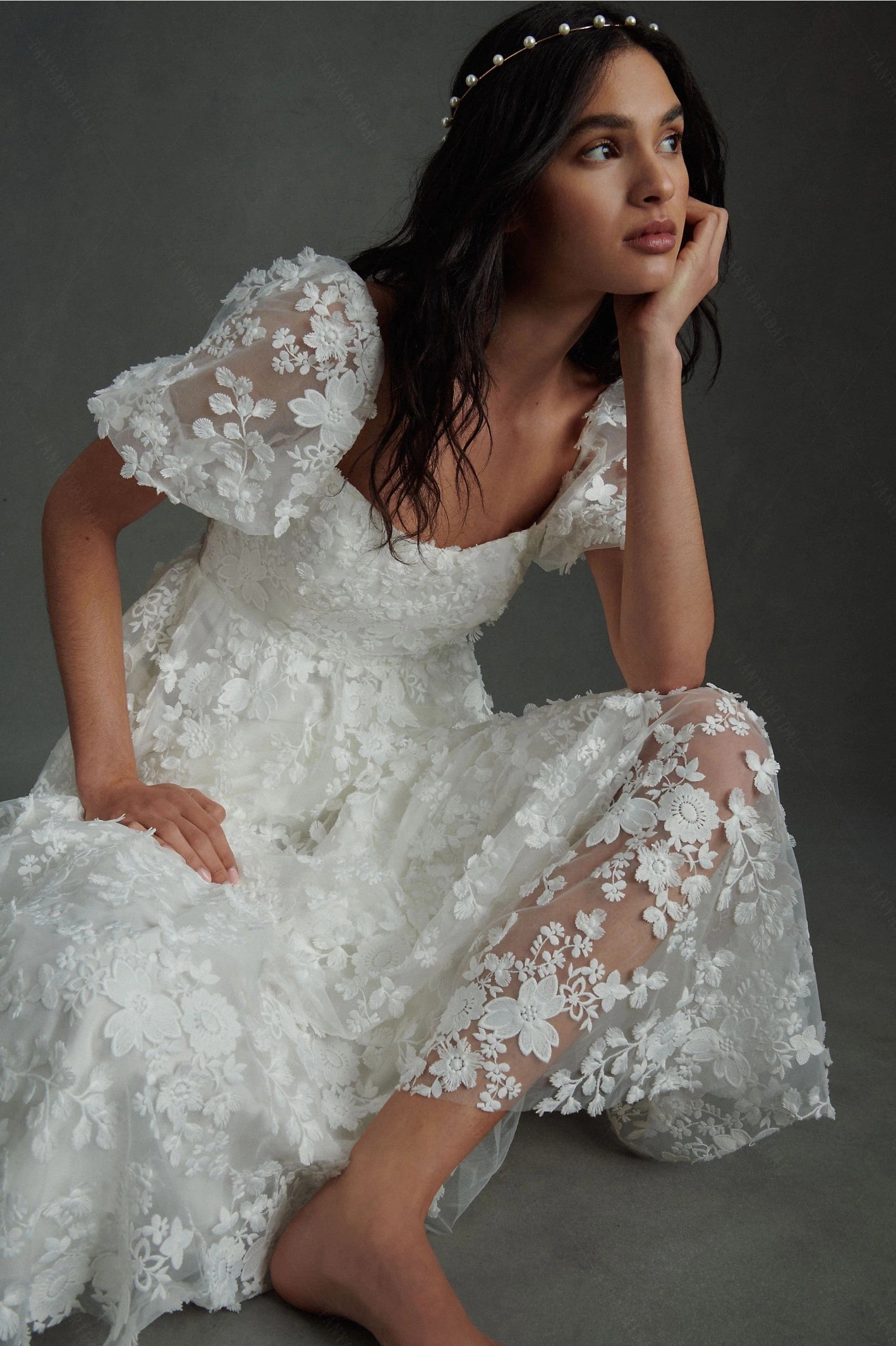 puff sleeve lace wedding dress Romantic Bohemian Wedding Dress with Puff Sleeves
