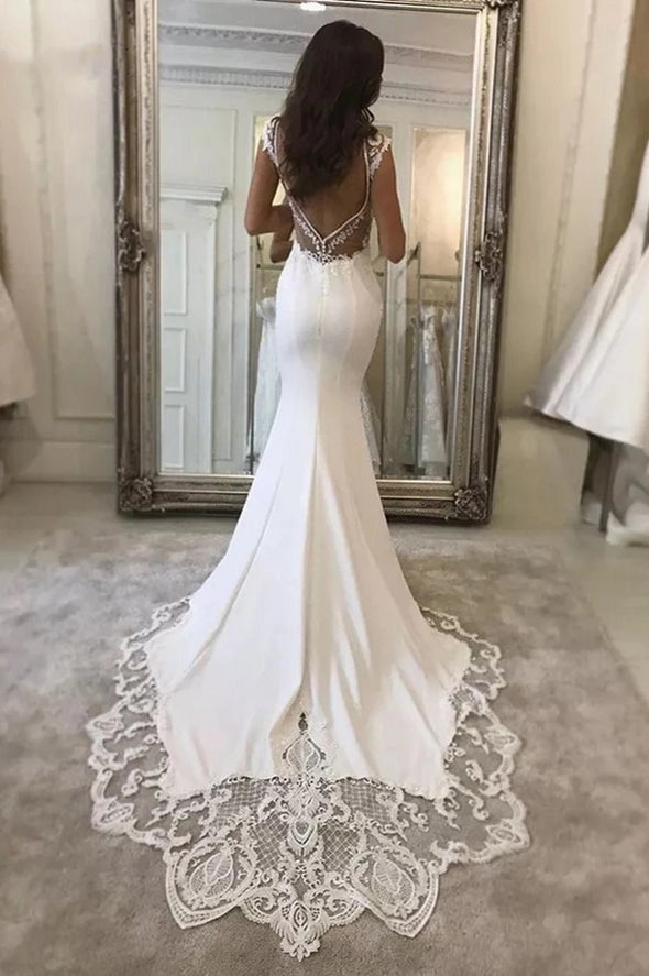 Mermaid Backless Sexy Wedding Dress With Lace Appliques Cape Sleeves