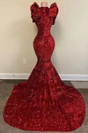 Sexy Burgundy Sequins Ruffles V Neck Mermaid Prom Dresses