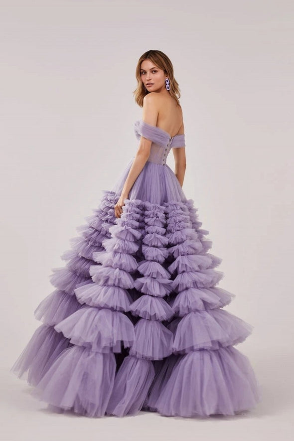Lavender Tiered Prom Dresses Sweetheart Off the Shoulder