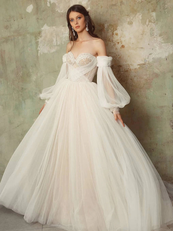 Bohemian Tulle A Line Lantern Sleeve Bridal Dress