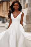 White Evening Dress A Line V Neck Side Slit Prom Gown