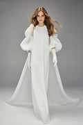 Dot Chiffon Puff Sleeve Long Wedding Cape With Ribbons Stunning Shawls DJ151
