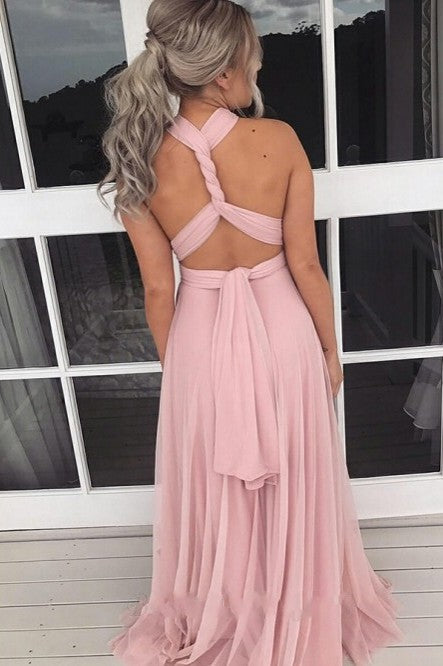 A-Line Long Pink Chiffon Convertible Bridesmaid Dress
