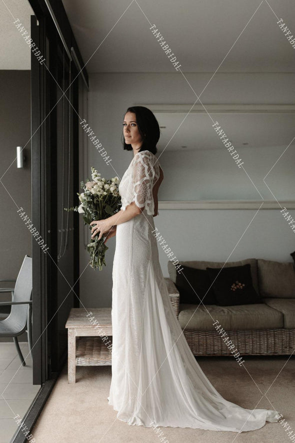 Flower Sleeve V-Neck Backless Bohemian Lace Wedding Dresses DW411
