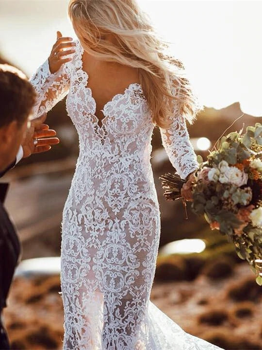 Mermaid Lace Backless Chic Wedding Dresses Long Sleeves – TANYA BRIDAL