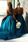 Long A Line V Neck Teal Blue Bridesmaid Dress