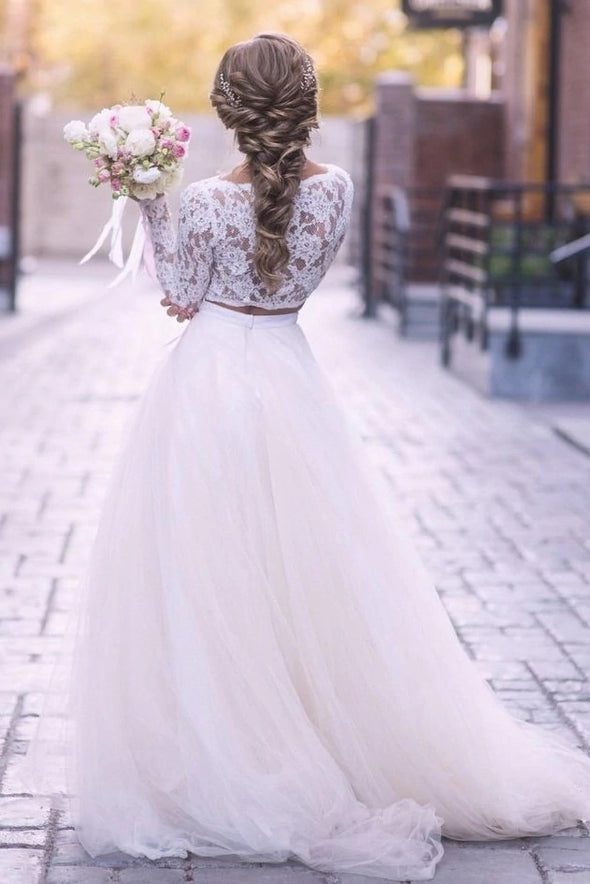 Two Pieces Lace Long Sleeves Tulle Wedding Dress Elegant Bridal Gown