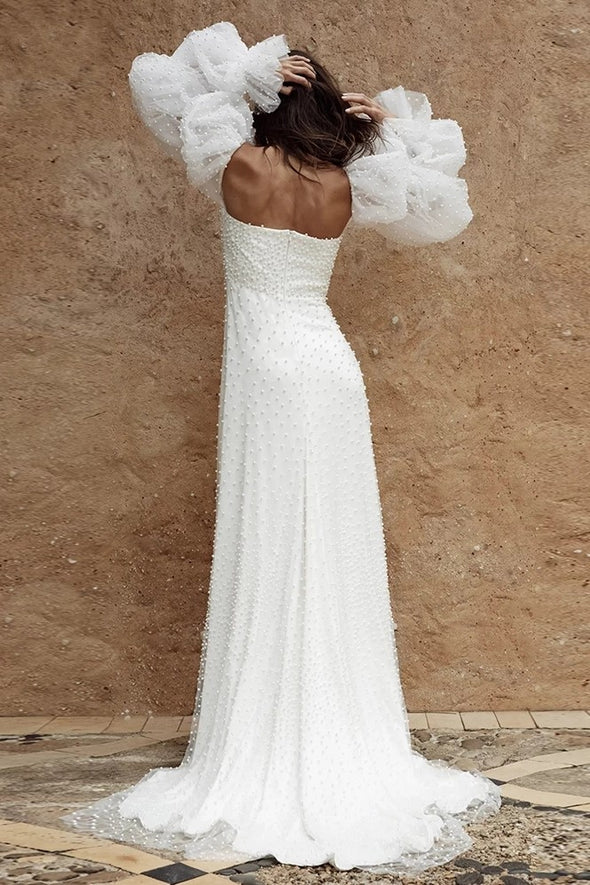Luxury Wedding Dresses Pearl Beaded Soft Tulle Voluminous Sleeves