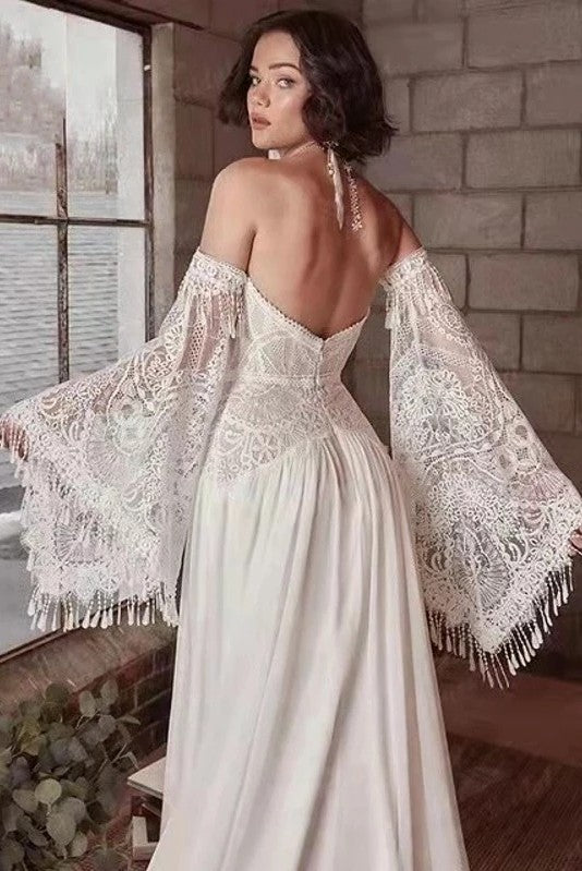 Chic Boho Lace Tassel Flared Sleeves Backless Beach Wedding Dress