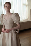 A Line Satin Vintage Champagne Puff Sleeve Wedding Dresses ZW835
