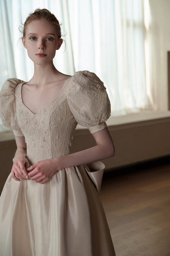 A Line Satin Vintage Champagne Puff Sleeve Wedding Dresses ZW835
