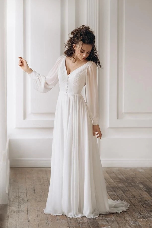 Chiffon Long Sleeve V-Neck Wedding Dresses A Line ZW924