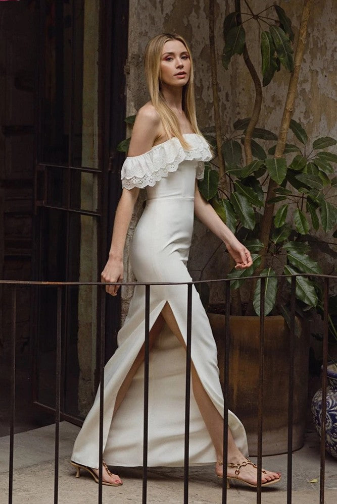 Boat Neck Mermaid Wedding Dresses Side High Split Boho Bridal Gowns ZW – TANYA BRIDAL