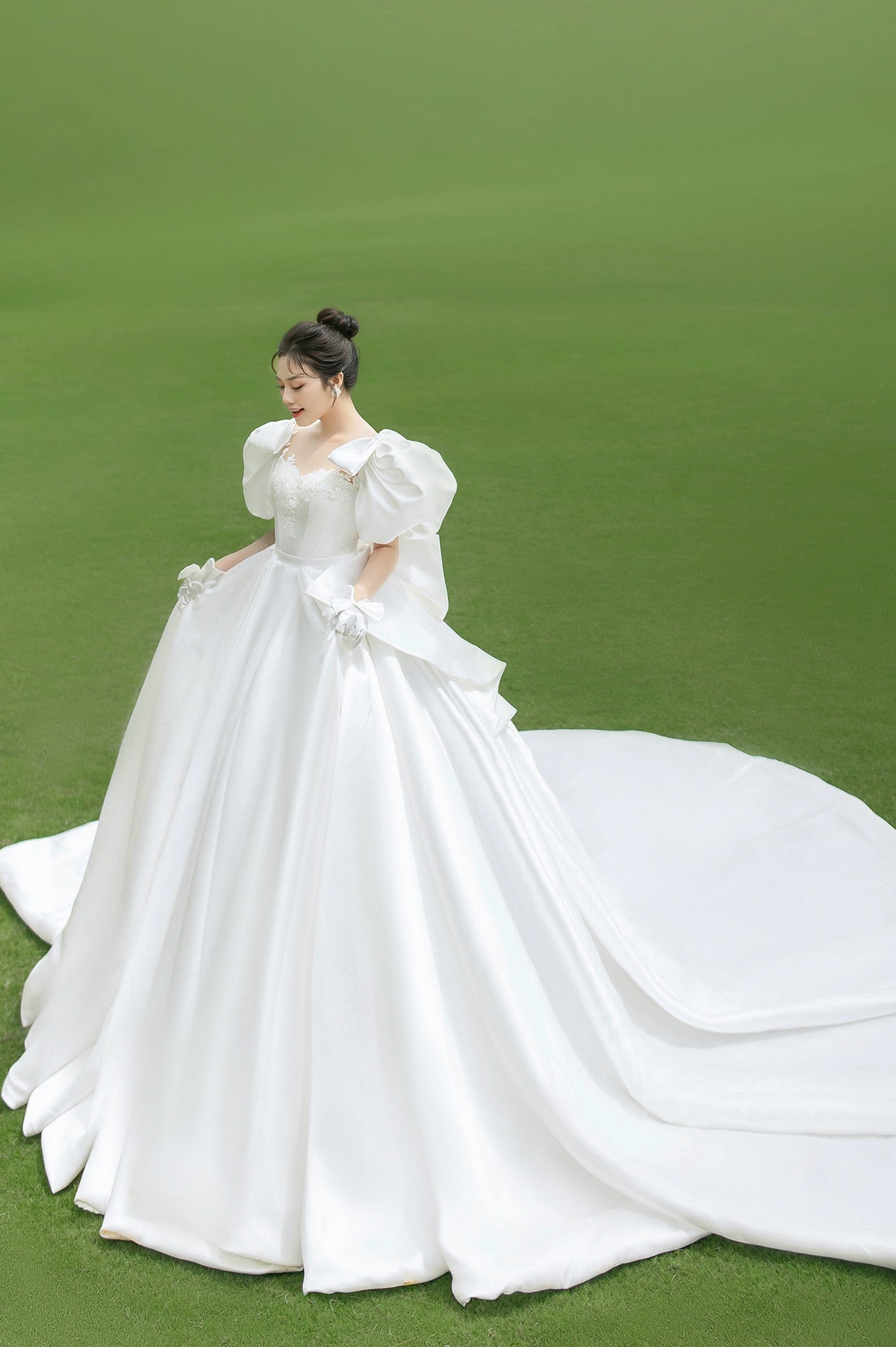 Chapel Train Satin Long Wedding Dresses Puffy Sleeves Ball Gown TANYA BRIDAL