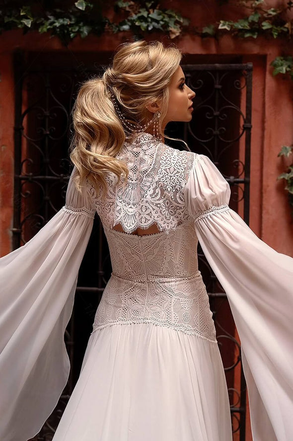 A Line Chiffon Wedding Dresses Long Cape Sleeve Noivas Chic ZW851