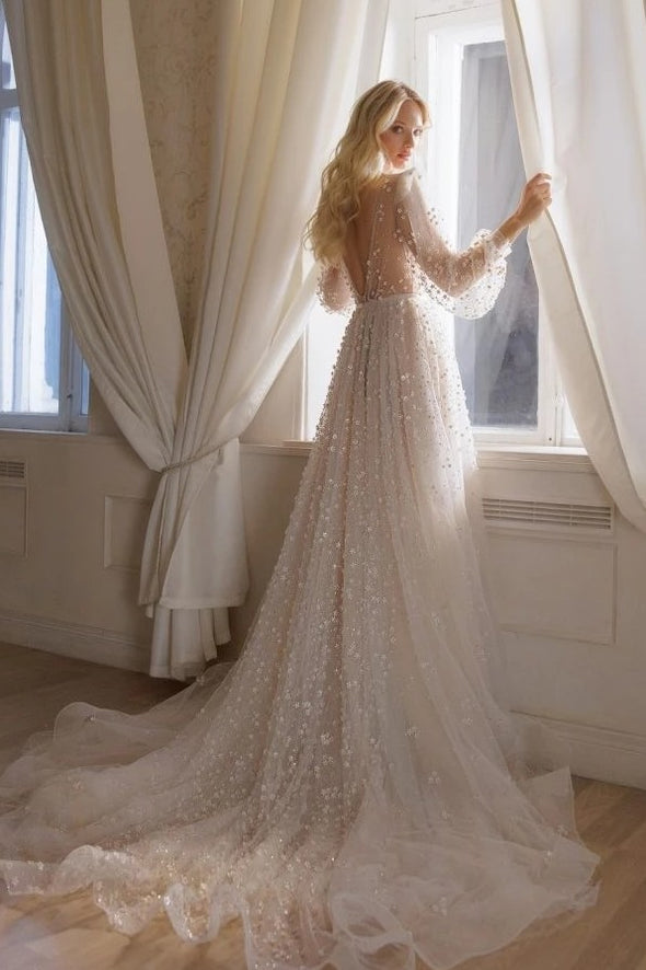 Long Sleeve V-Neck Romantic Boho Bridal Gowns A Line Noivas ZW878